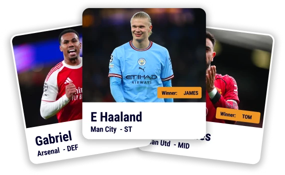 Auction cards - Gabriel won by James, E Haaland won by James, Bruno Fernandes won by Tom